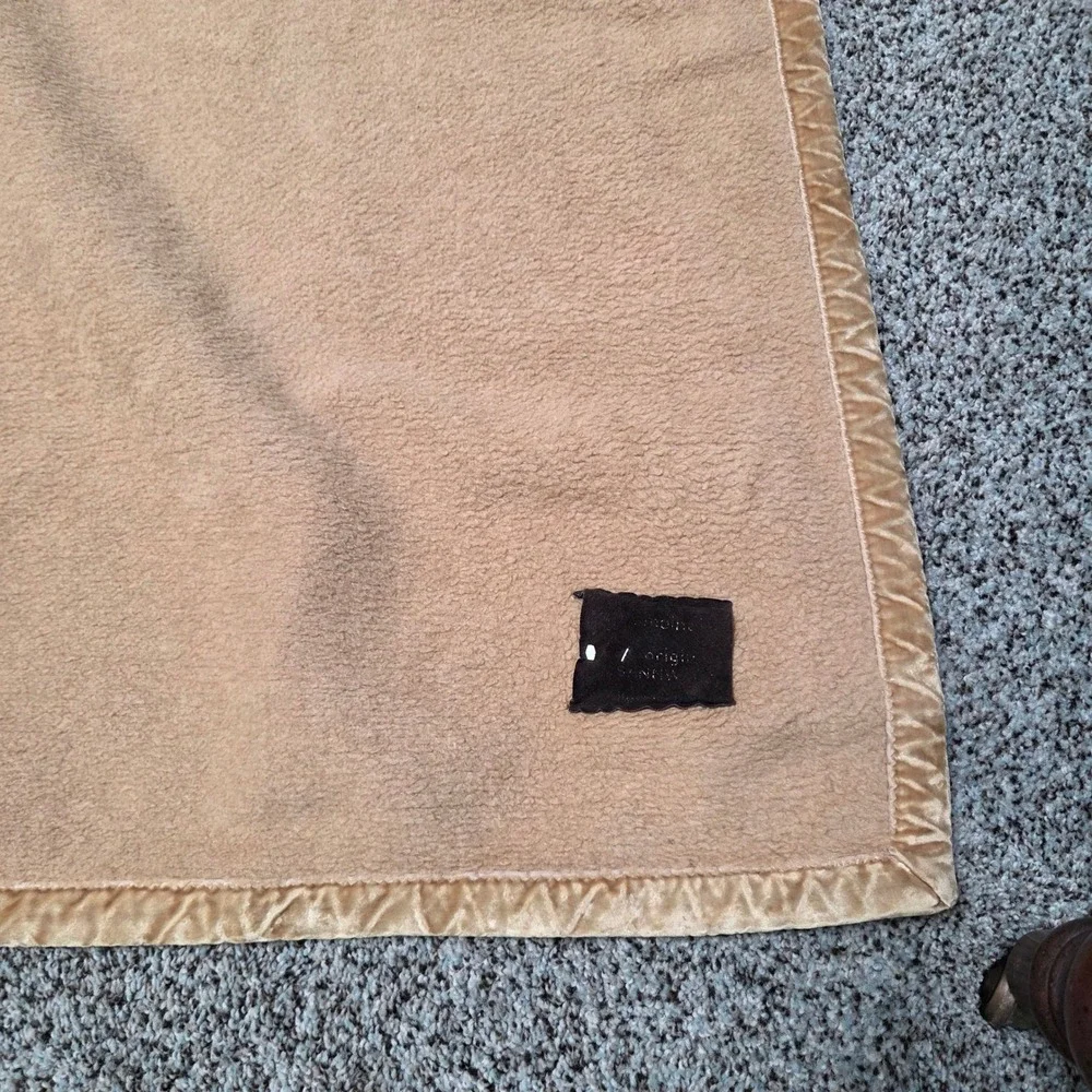Vintage Camel Tan Wool Blend Blanket Velvet Binding Trim Oversized 94x84 Rustic